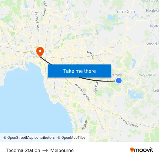 Tecoma Station to Melbourne map