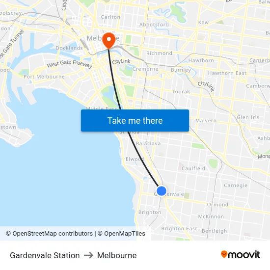 Gardenvale Station to Melbourne map