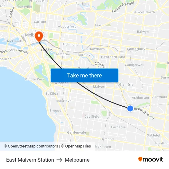 East Malvern Station to Melbourne map