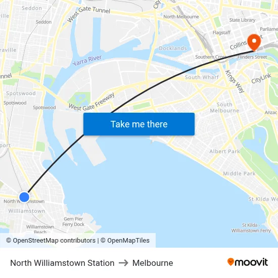 North Williamstown Station to Melbourne map