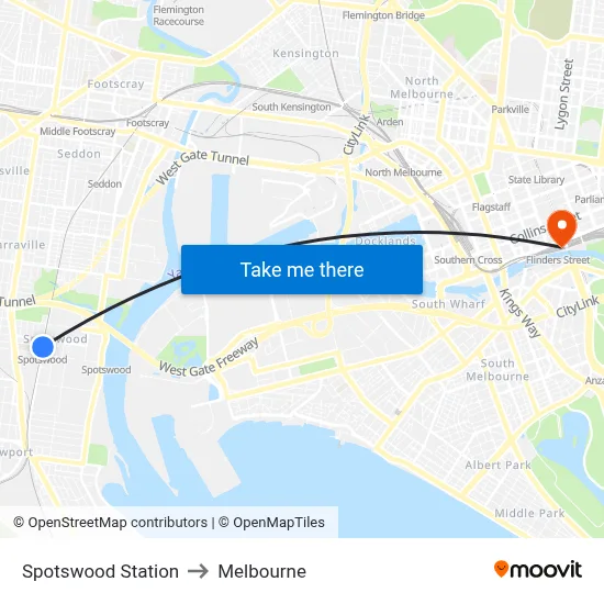 Spotswood Station to Melbourne map