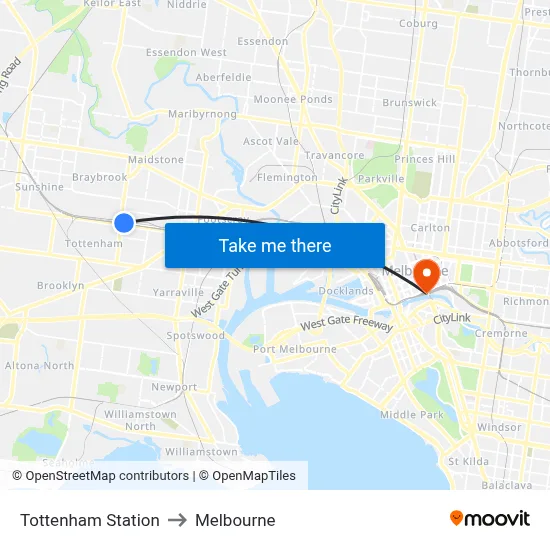 Tottenham Station to Melbourne map