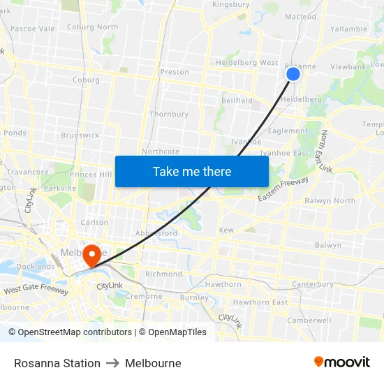 Rosanna Station to Melbourne map
