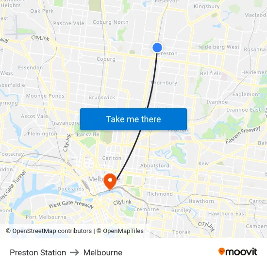 Preston Station to Melbourne map