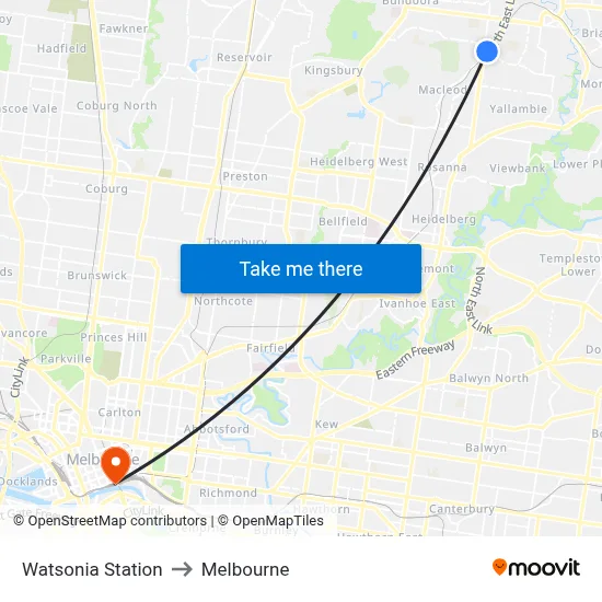 Watsonia Station to Melbourne map