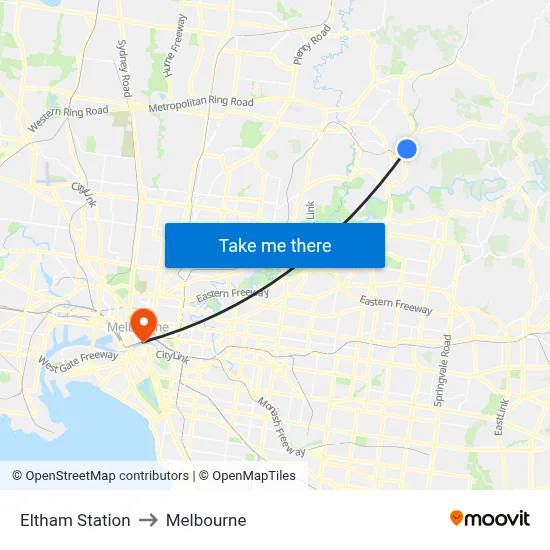 Eltham Station to Melbourne map
