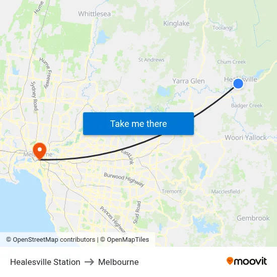 Healesville Station to Melbourne map