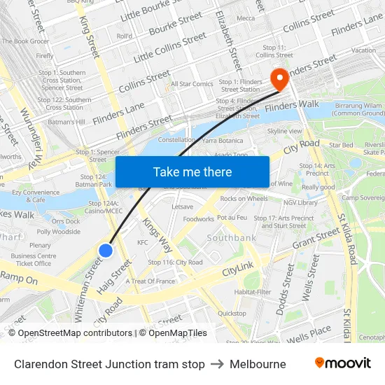 Clarendon Street Junction tram stop to Melbourne map