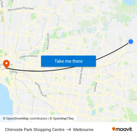 Chirnside Park Shopping Centre to Melbourne map