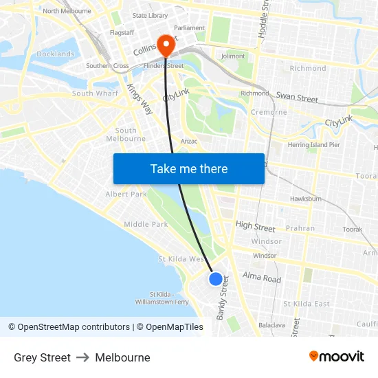 Grey Street to Melbourne map