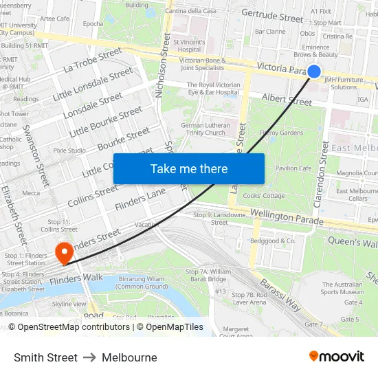 Smith Street to Melbourne map
