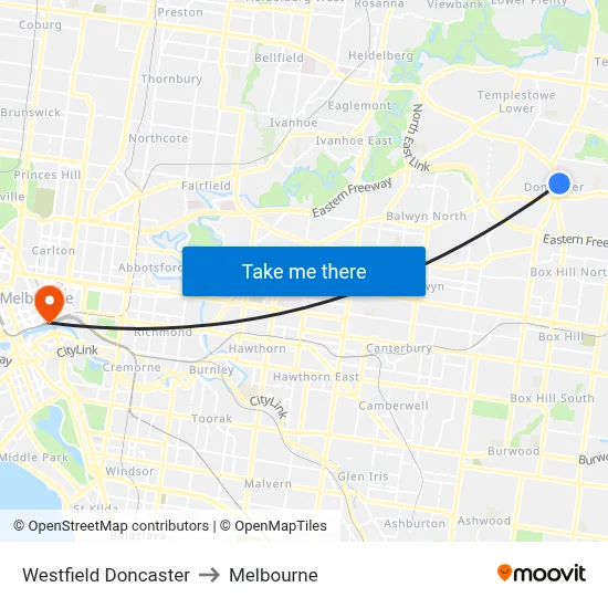 Westfield Doncaster to Melbourne map