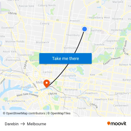 Darebin to Melbourne map
