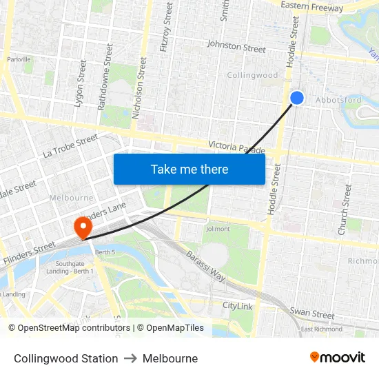 Collingwood Station to Melbourne map