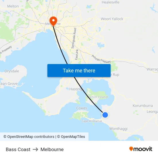 Bass Coast to Melbourne map
