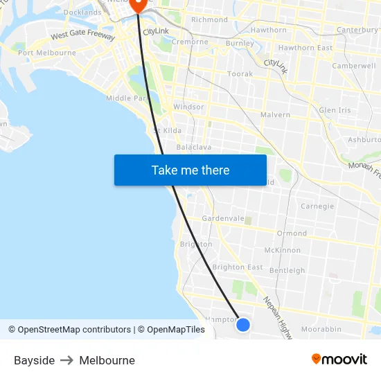 Bayside to Melbourne map
