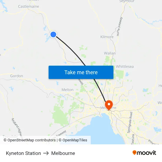 Kyneton Station to Melbourne map