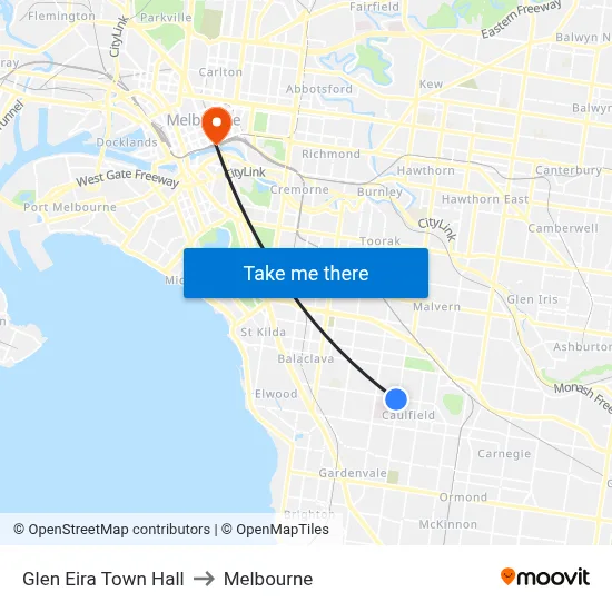 Glen Eira Town Hall to Melbourne map