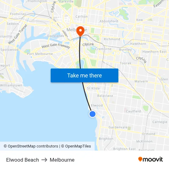 Elwood Beach to Melbourne map