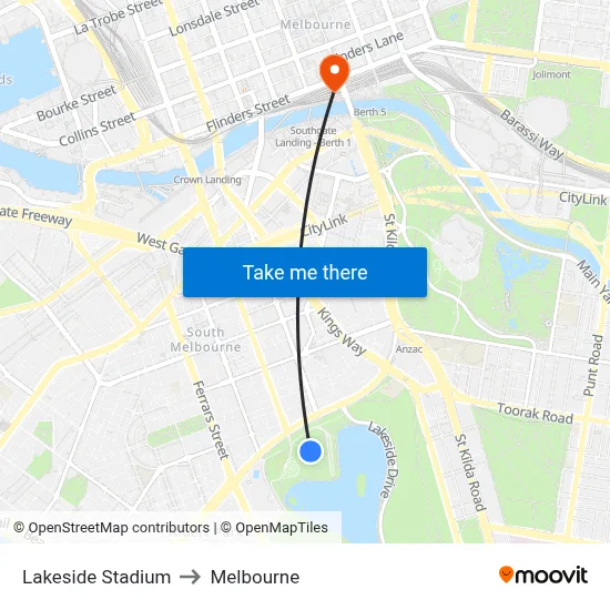 Lakeside Stadium to Melbourne map