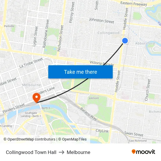 Collingwood Town Hall to Melbourne map