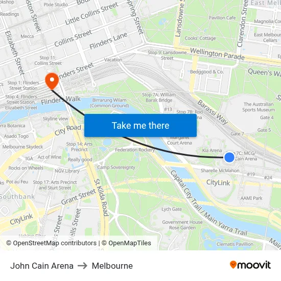 John Cain Arena to Melbourne map