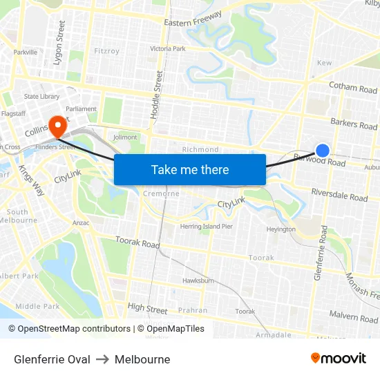 Glenferrie Oval to Melbourne map