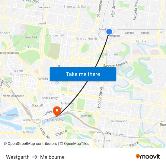 Westgarth to Melbourne map