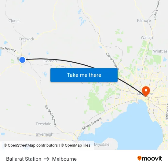 Ballarat Station to Melbourne map