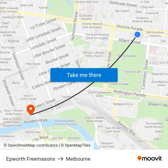 Epworth Freemasons to Melbourne map