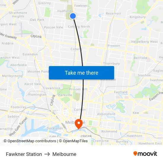 Fawkner Station to Melbourne map