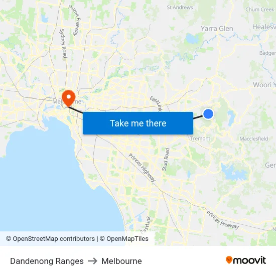 Dandenong Ranges to Melbourne map