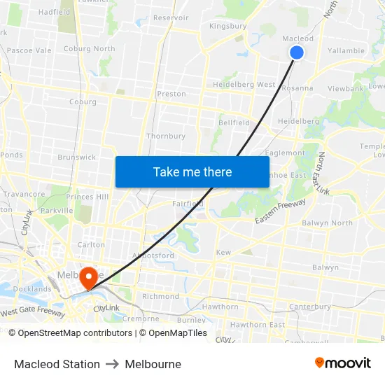 Macleod Station to Melbourne map