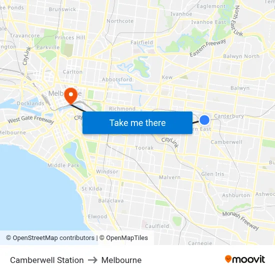 Camberwell Station to Melbourne map