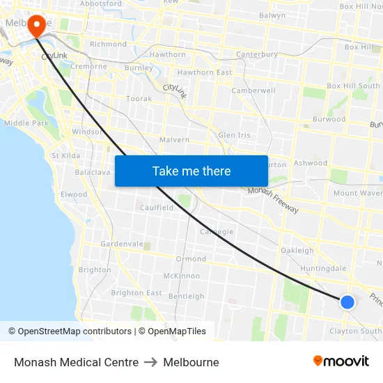 Monash Medical Centre to Melbourne map