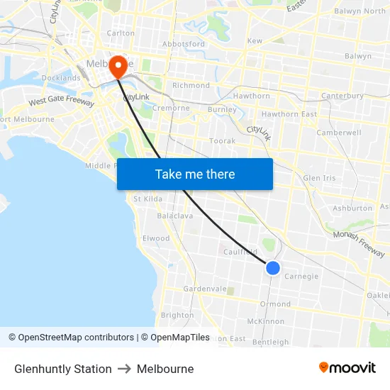 Glenhuntly Station to Melbourne map
