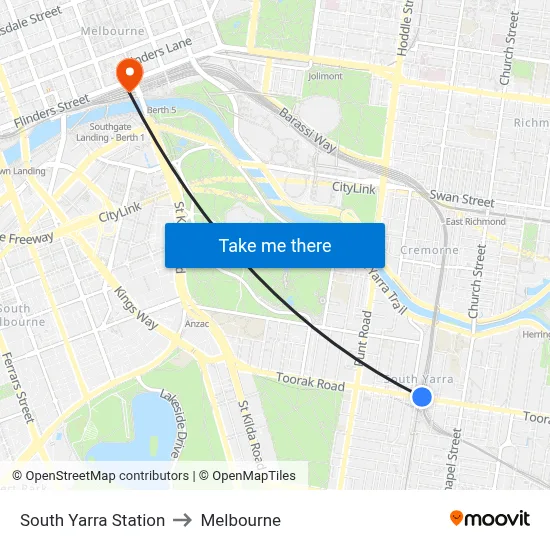 South Yarra Station to Melbourne map