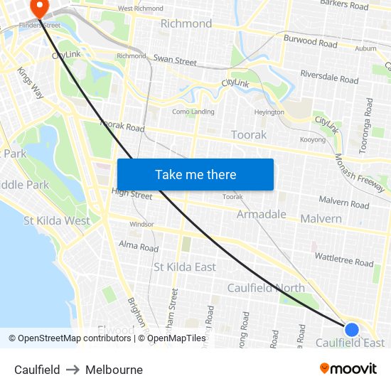 Caulfield to Melbourne map