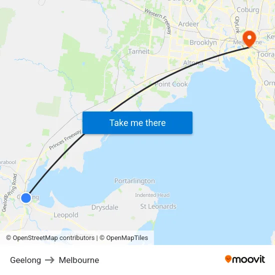 Geelong to Melbourne map