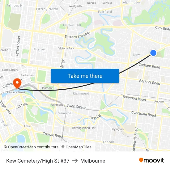 Kew Cemetery/High St #37 to Melbourne map