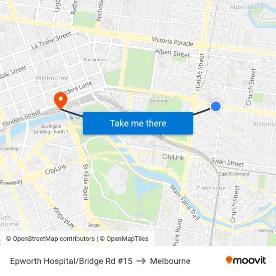 Epworth Hospital/Bridge Rd #15 to Melbourne map