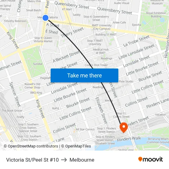 Victoria St/Peel St #10 to Melbourne map
