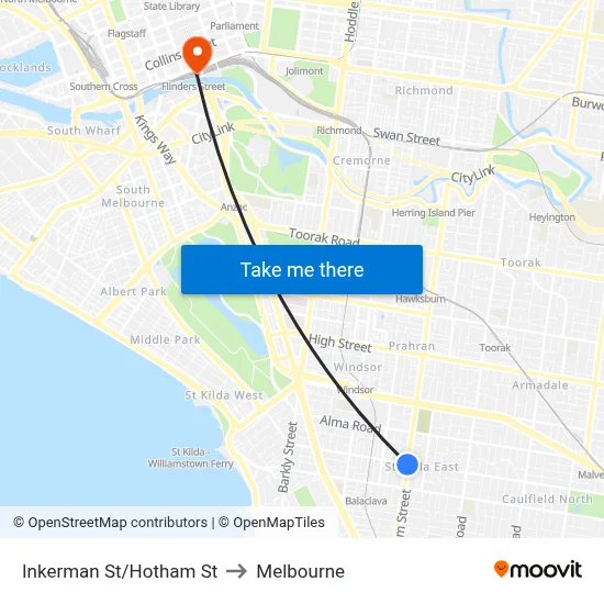 Inkerman St/Hotham St to Melbourne map