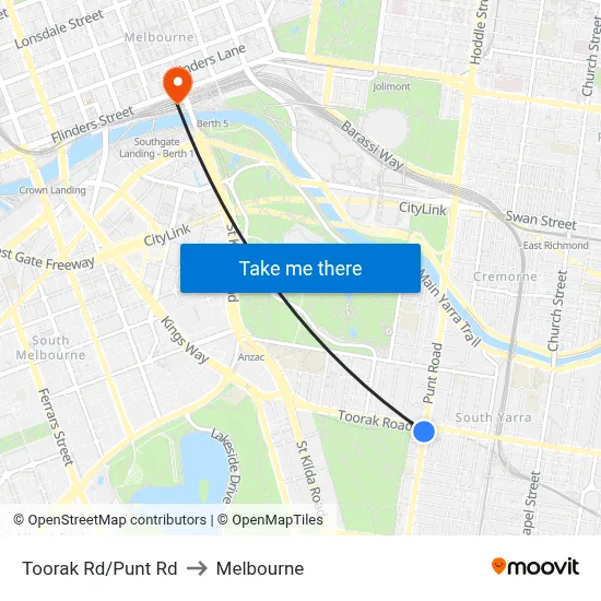 Toorak Rd/Punt Rd to Melbourne map