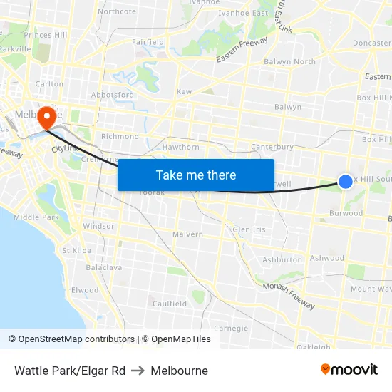 Wattle Park/Elgar Rd to Melbourne map