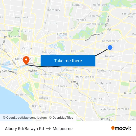 Albury Rd/Balwyn Rd to Melbourne map