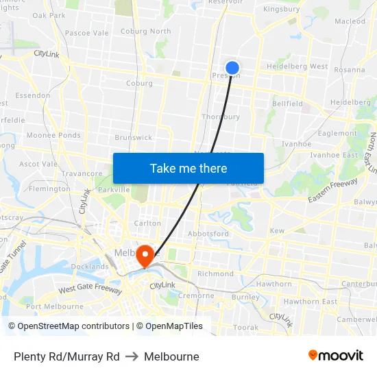 Plenty Rd/Murray Rd to Melbourne map