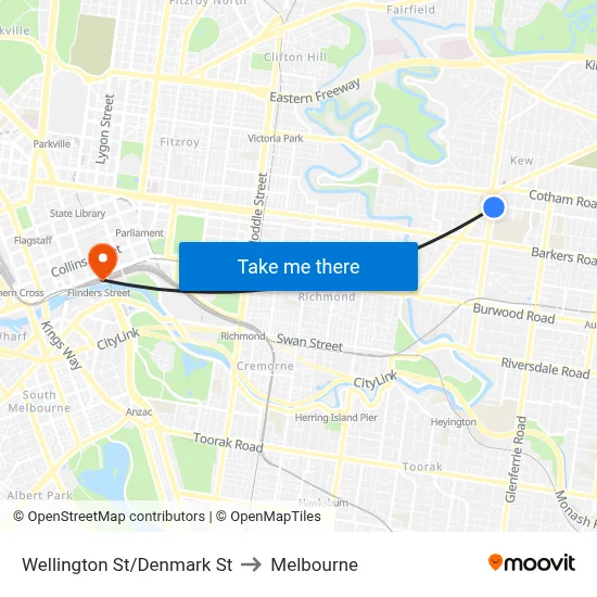 Wellington St/Denmark St to Melbourne map