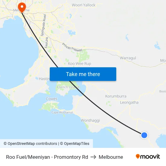Roo Fuel/Meeniyan - Promontory Rd to Melbourne map