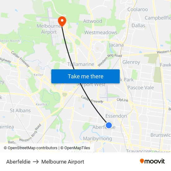 Aberfeldie to Melbourne Airport map